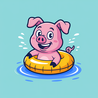 Cheerful Cartoon Pig Character animal cartoon character cute happy illustration mascot pig pool swim swimming water