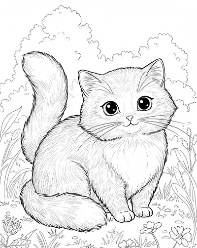 A black and white line drawing of a fluffy cat