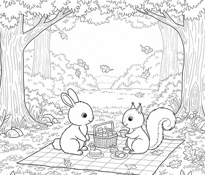 Black and white coloring page of a rabbit and squirrel