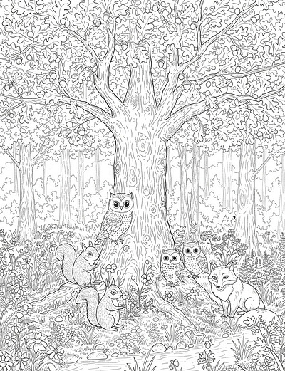 Black and white coloring page of woodland animals