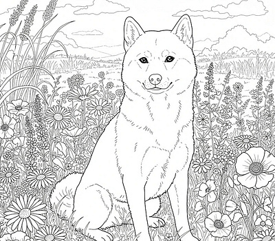 Black and white line drawing of a shiba dog