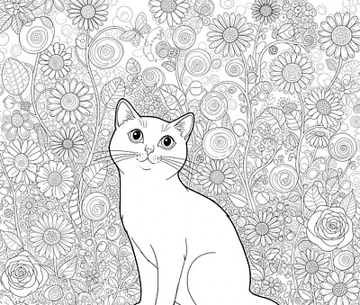 A detailed black and white coloring page of a cat