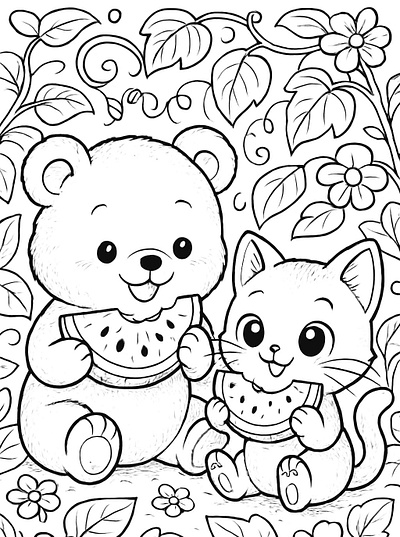 Black and white coloring page of a cute bear cub and kitten