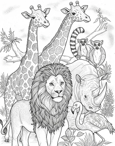 Black and white line art illustration of various safari animals