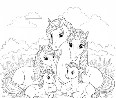 Black and white line art of a family of four unicorns