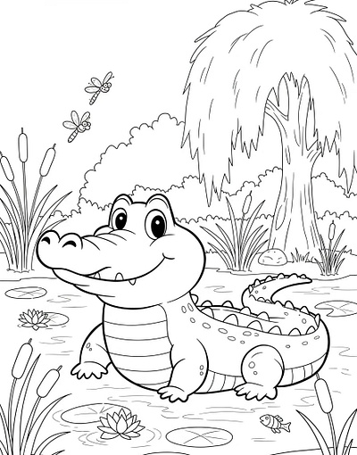 A friendly cartoon alligator in a swamp