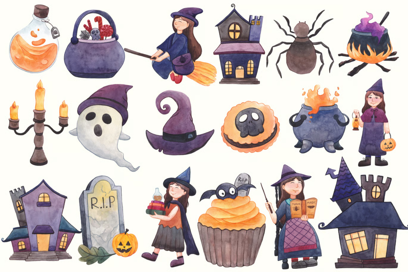 ハロウィン水彩画パックセット be cake celebration chocolate clipart couple cute hearth illustration mug romantic valentine valentines watercolor