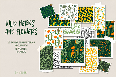 Herbs and flowers of the fields dandelion fabric floral flower foliage graphic design herbal leaves nature pattern pattern design plants textile wallpaper