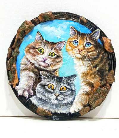 Original Round Painting, Cats Art by Ukrainian Artist, Cat Lover art cat cat art hand painted handmade illustration paint painting pet portrait round painting wall decor