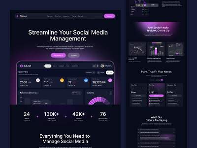 Social Media Management SaaS Landing Page Design application design creative landing page dark mode dashboard ui modern web design platform responsive design saas saas landing page saas landing page design saas website saas website design social media management web app design web design website