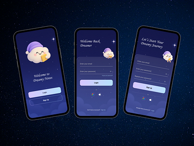 Cute Onboarding Flow – Dreamy Notes💜 dailyui design figma illustration login onboarding signup splashscreen ui uidesign uiux ux