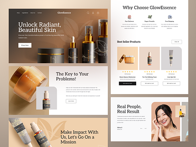 GlowEssence – Beauty Landing Page UI beauty cards cosmetic design desktop earthy colors elegant icons landingpage mobile pastel product responsive skin care testimonials ui website women