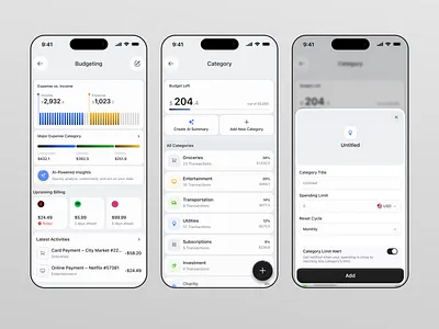 Valura - Finance Mobile App [Budgeting Feature] ai finance summary app billing list budget category budgting clean design design expense finance finance mobile app income management minimalist mobile money ui ui design uiux