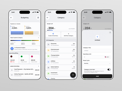 Valura - Finance Mobile App [Budgeting Feature] ai finance summary app billing list budget category budgting clean design design expense finance finance mobile app income management minimalist mobile money ui ui design uiux
