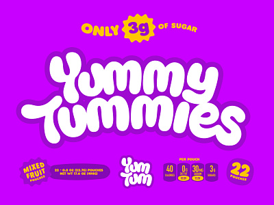 Yummy Tummies Fruit Snacks bouncy brand design branding bubble letters childrens brand cpg fruit snacks identity design lettering ligature logo logotype packaging packaging design playful type typography wells wells collins