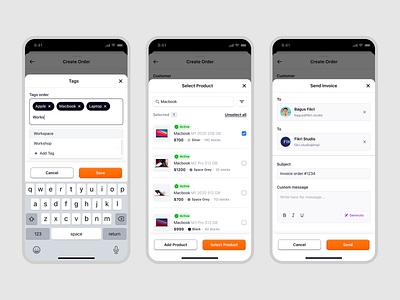 Ecomiq Order Creation: Add Tags, Select Products, & Send Invoice b2b crm dashboard ecommerce inventory marketplace mobile app mobile design online shop online store order management product design product management product order saas saas design ui design web builder