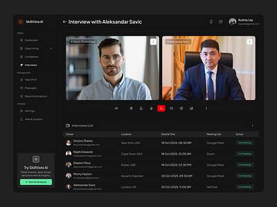 AI Hiring – Interview Meeting & Dashboard ai hiring ai meeting dashboard ai tool business tool communication data management interaction design meet online meeting meeting dashboard meeting online product design saas saas crm web app smart meeting user interface video interviews web app