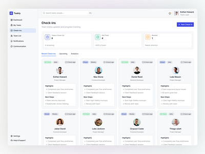Taskly : Check-ins Page Design analyticsui cleanui dashboardui minimaldesign modernui productivityapp productivitytool projectmanagement remoteteam saasdashboard taskmanagement tasktracker teamcheckins teamcollaboration teamworkspace ui uidesign uxdesign webapp webdashboard