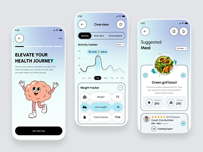 Health Monitoring App UI ai doctor app app desing blood pressure tracking fitness tracking app fitnessappdesign health data health insights health monitoring app health tracker app healthcare app healthtech heart rate ui minimalappdesign mobile app mobileappdesign smarthealthapp ui ux uiuxdesign wearable sync wellness app design