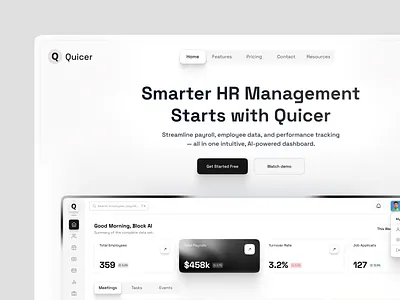 Quicer - HR Management Landing Page ai applicant clean crm employee employee management fintech hero homepage hr hr management landing landing page management saas startup ui web website