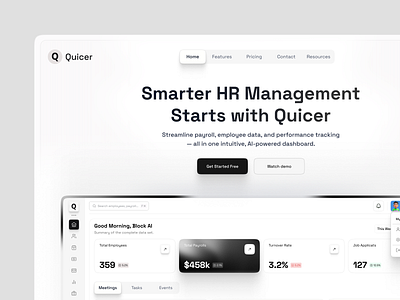 Quicer - HR Management Landing Page ai applicant clean crm employee employee management fintech hero homepage hr hr management landing landing page management saas startup ui web website