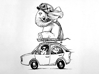 Inktober 2025 #14: trunk black and white car cartoon elephant illustration inktober