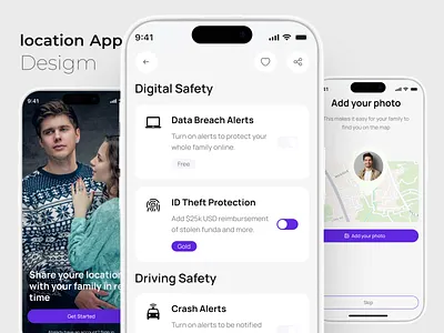 Location Safety App – Family Tracking & Digital Protection UI appdesign cleandesign dribbbleshot family safety app familysafet live location location training locationapp minimalui mobile mobile app mobileappdesig purpletheme real time location safeconnectapp safetyapp sharing mobile app smartsafety uiux uxdesign