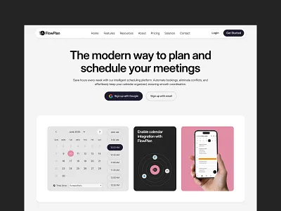 Flowplan - saas smart meetings platform calender conversatons event home page landing page meetings meetings platform planning saas scheduling startup time management time track tools ui ux