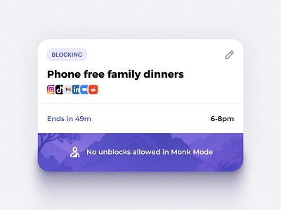 Roots - Blocking Card apple apps blocking card card component design detox doomscrolling dopamine downtime drop shadow layout monk phone detox phone free roots screen time screen time manager setup ui