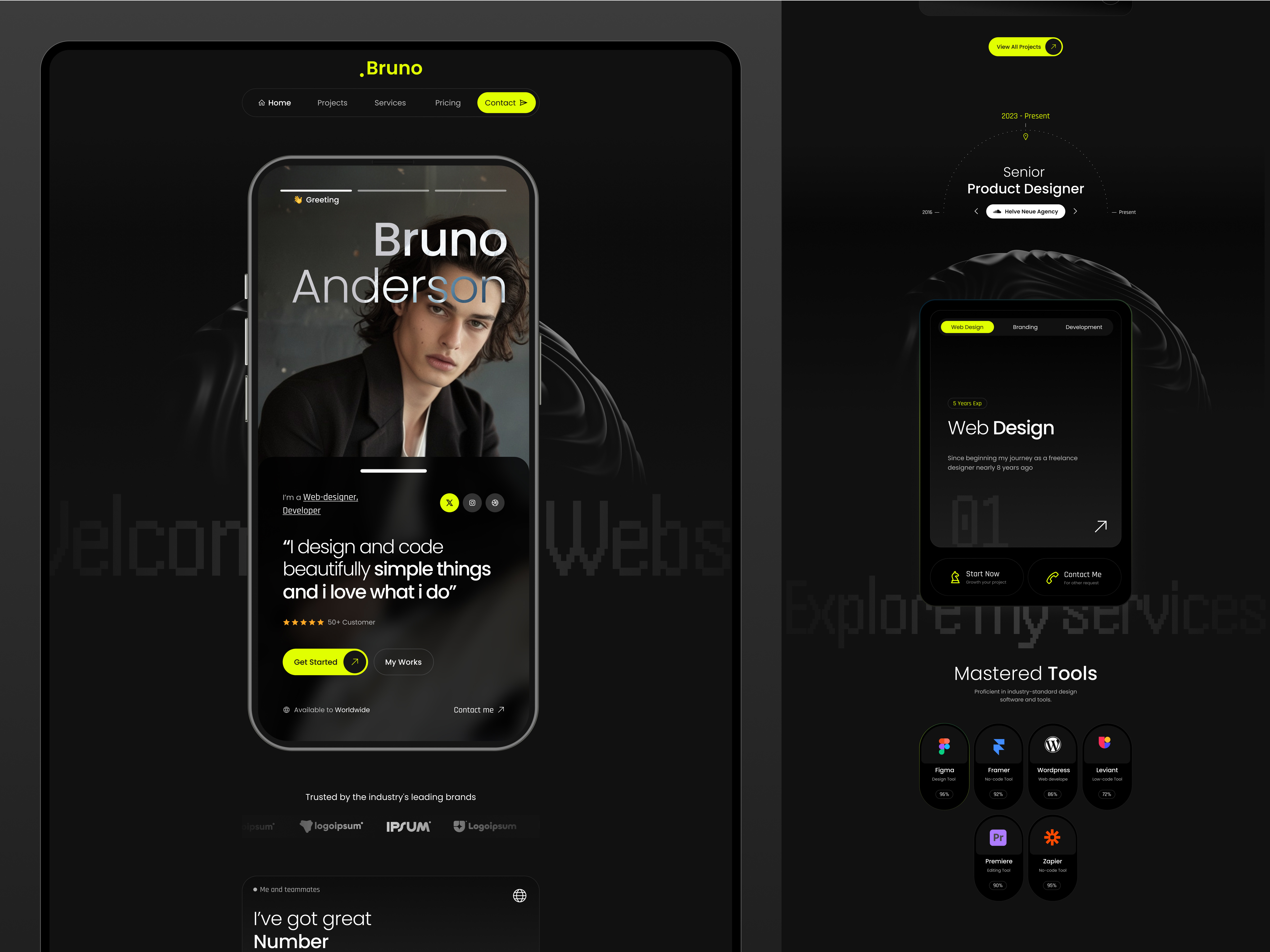 Bruno - Personal Portfolio (Mobile-First) dark framer landingpage mobile nocode onepage personal portfolio template