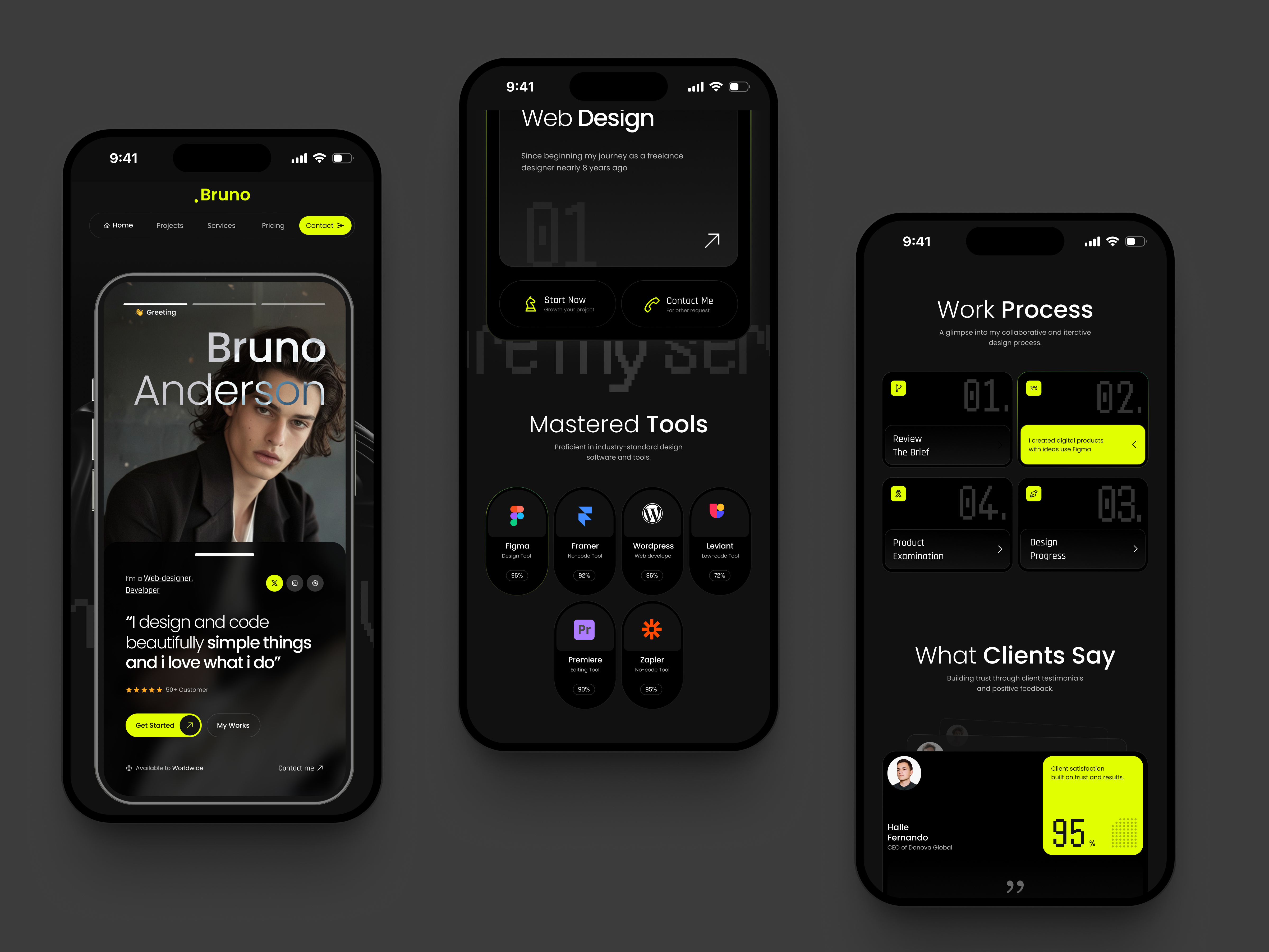 Bruno - Personal Portfolio (Mobile-First) dark framer landingpage mobile nocode onepage personal portfolio template