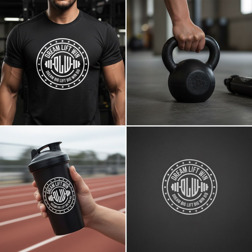 DREAM LIFT WIN | DLW Fitness Brand Emblem & Apparel Design apparel badge brandidentity branding circularlogo emblem fitness geometric gym logo logodesign logodesigner monogram motivation vector