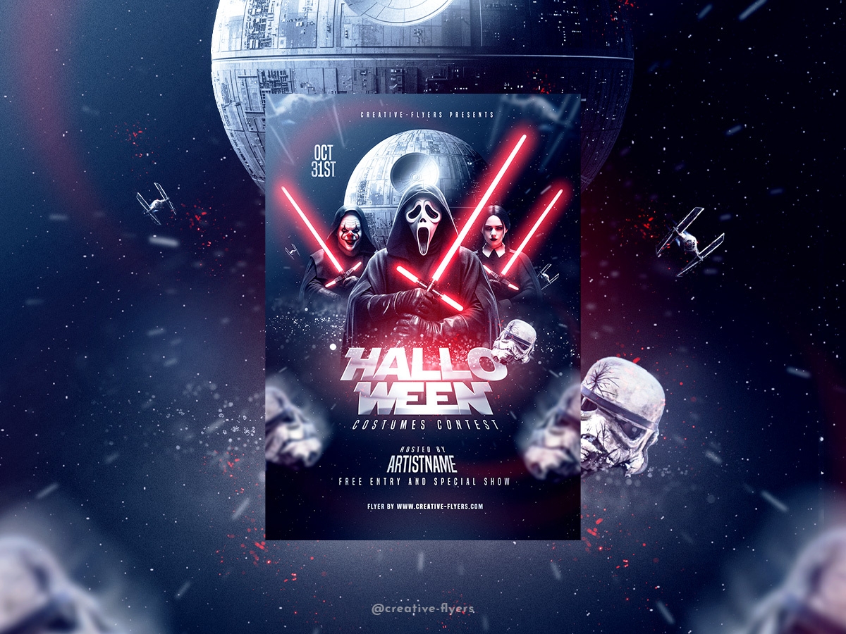 Halloween Star Wars Mashup costumes contest creative flyer templates funny graphic design halloween halloween cards kylo ren mashup movie poster party flyer photoshop poster red saber star wars