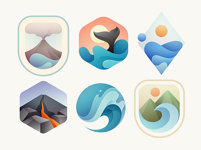 Nature Logo Badge Collection adventure badge adventure logo badge branding lava logo design logo designer mountain natural nature nature badge nature logo outdoor simple logo volcano wave whale