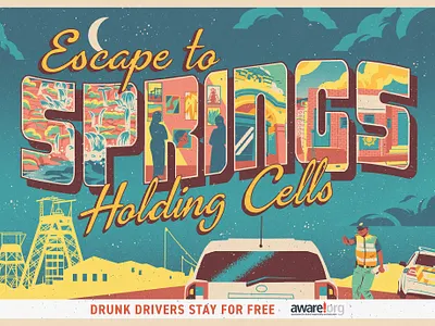 Drunk Drivers Stay For Free advertising graphic design postcard postcard illustration retro typography typography design