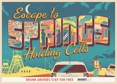 Drunk Drivers Stay For Free advertising graphic design postcard postcard illustration retro typography typography design