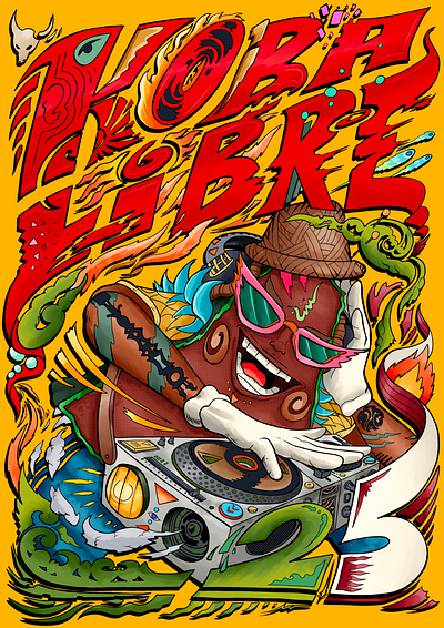"Koba Libre" (poster for a festival in Madagascar) art branding cartoon color pencil design draw dream electro festival graffiti illustration logo madagascar music poster street art vintage water ink