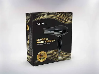 Black and Gold Packaging Design for Ariel Hair Dryer branding design graphic designer illustration label design mockup packaging design packaging designer structural design ui