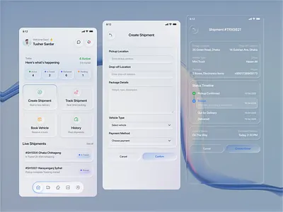 Transio – Shipping App app app design app interface apple application ui delivery app glass effect liquid glass liquid glass ui logistics mobile mobile app design mobile app ui mobile ui modern app ui popular shipping app ui design ui ux ui ux design