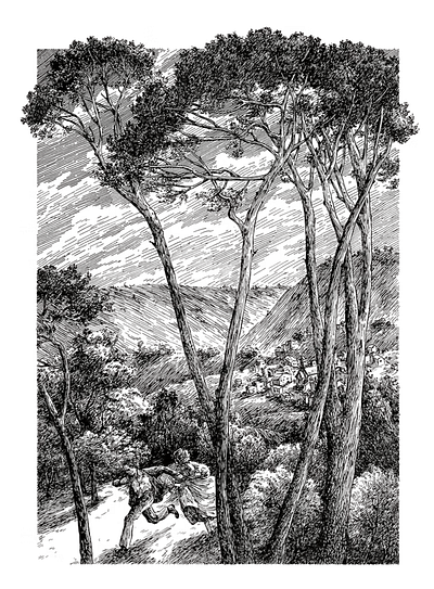 Alice Cao for Inkheart: The Escape alice cao books books illustrated conceptual illustration editorial illustration fine art illustration illustrationart illustrationartist illustrationzone illustrator ink drawing inkheart landscape novels trees