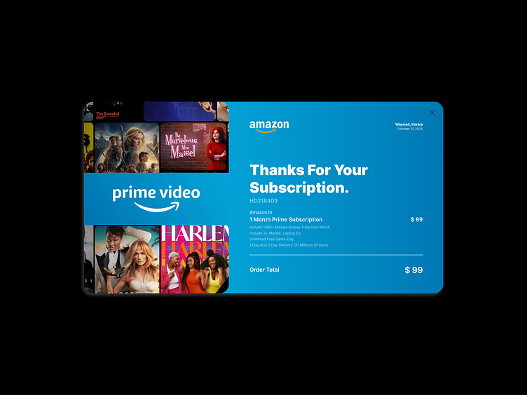 Amazon Prime Video Subscription Receipt UI by Alfred Joe Devasia on ...