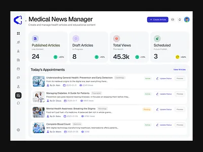 🩺 Clinico — Medical News Manager Dashboard branding clinico creativeui dashboarddesign datadashboard designsystem digitalhealth healthcaredashboard healthtech interfaceinspiration medicalappdesign medicaldashboard modernui productdesign saasdashboard ui uiuxdesign uxdesign uxuidesign webappui
