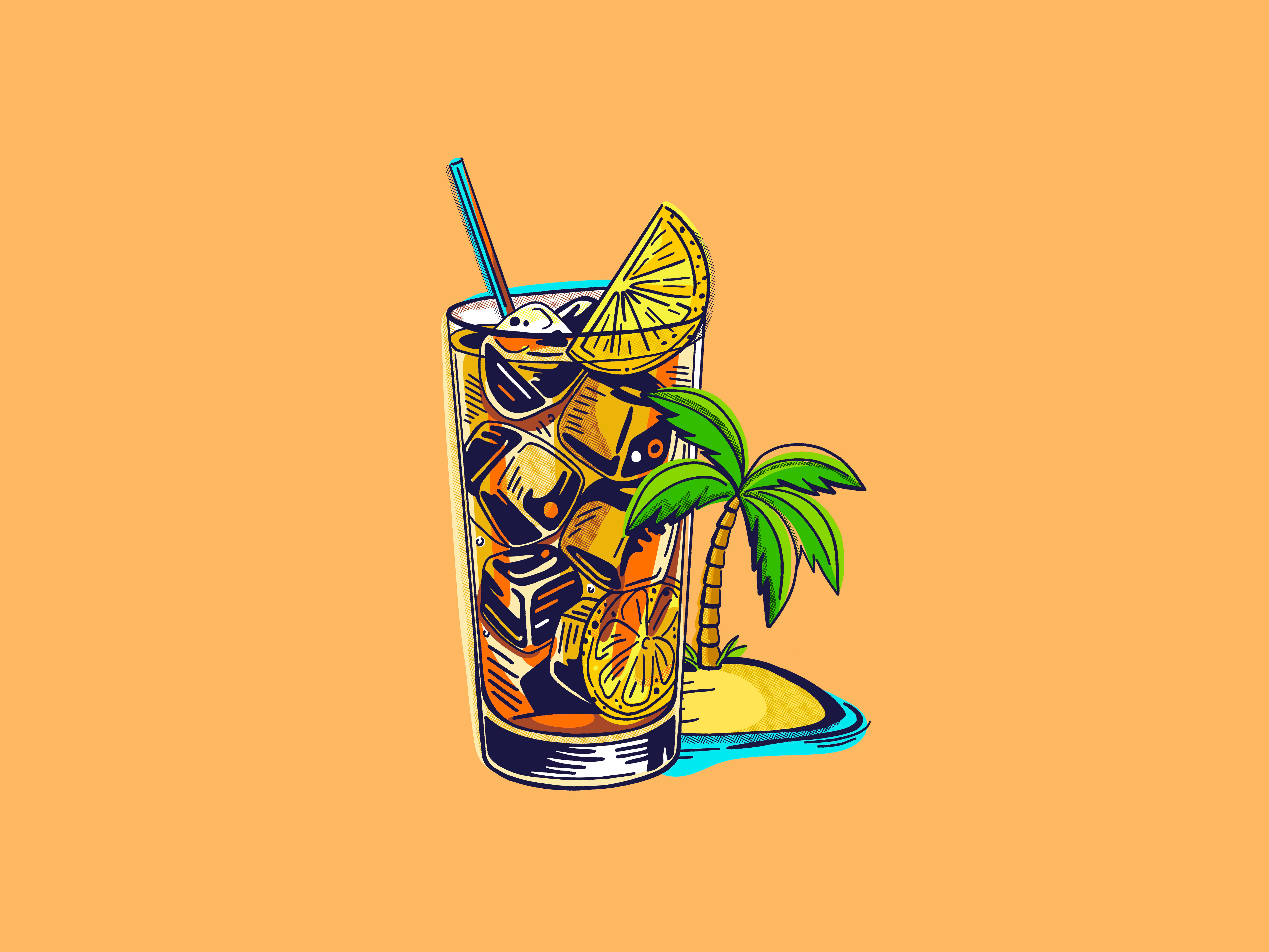 Long Island Iced Tea alcohol cocktail drink editoral glass halftone halftones ice tea iced tea illustration island lemon line art long island iced tea pop art refreshment summer tea tropical vacation