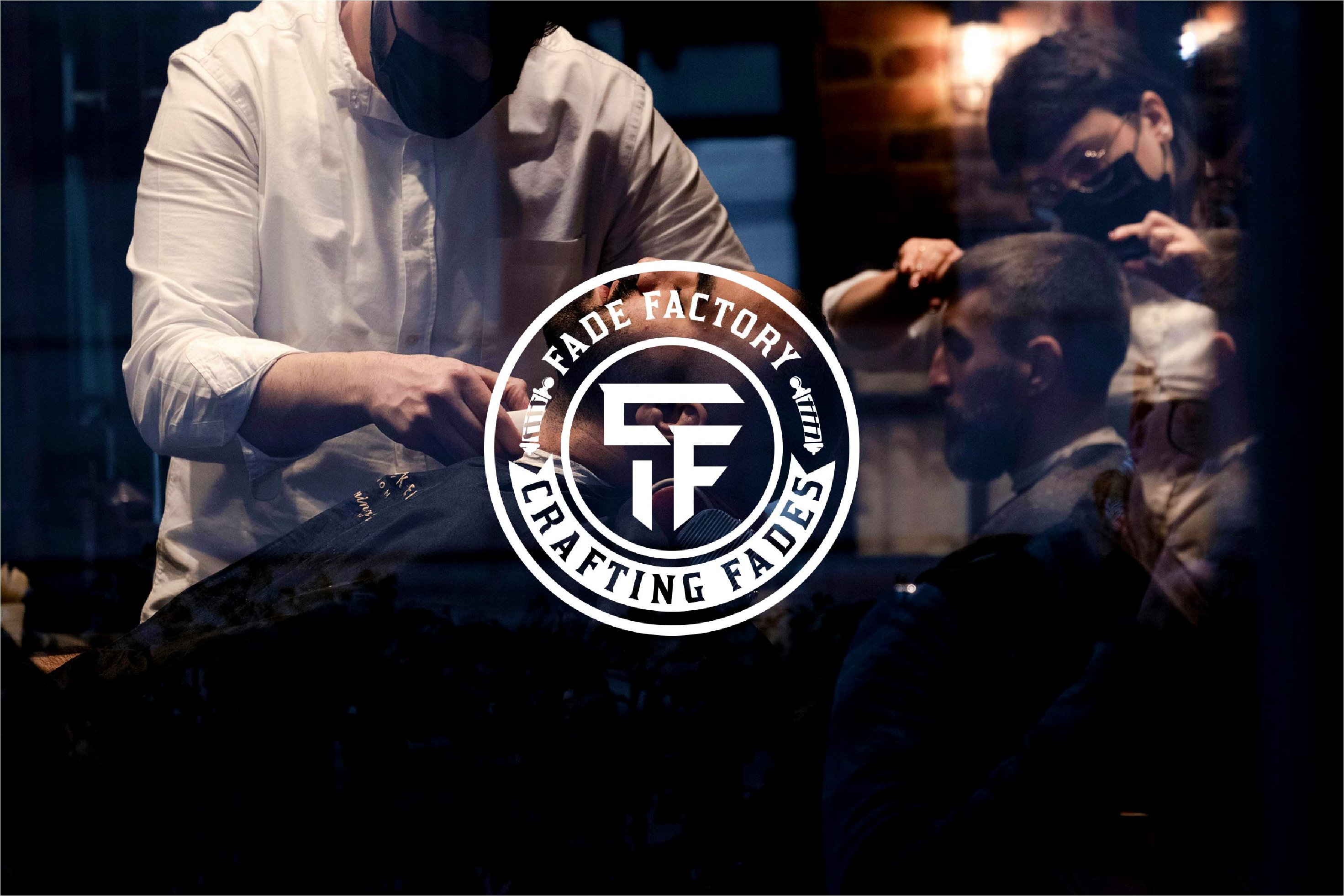 Fade Factory: Industrial Monogram & Barbershop Badge Logo badge logo barbering barbershop logo black and white brand identity branding custom type geometric icon design industrial design logo design logotype monogram vector logo visual identity