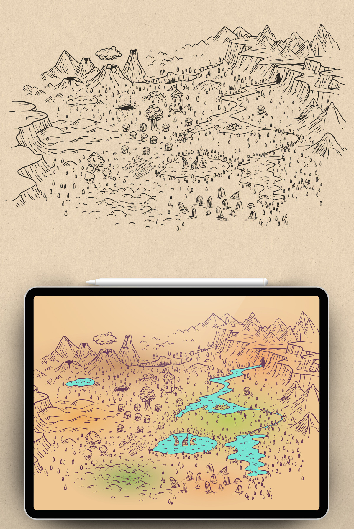 Map cartoon doodle fantasy game illustration landscape map medieval print sketch travel vector