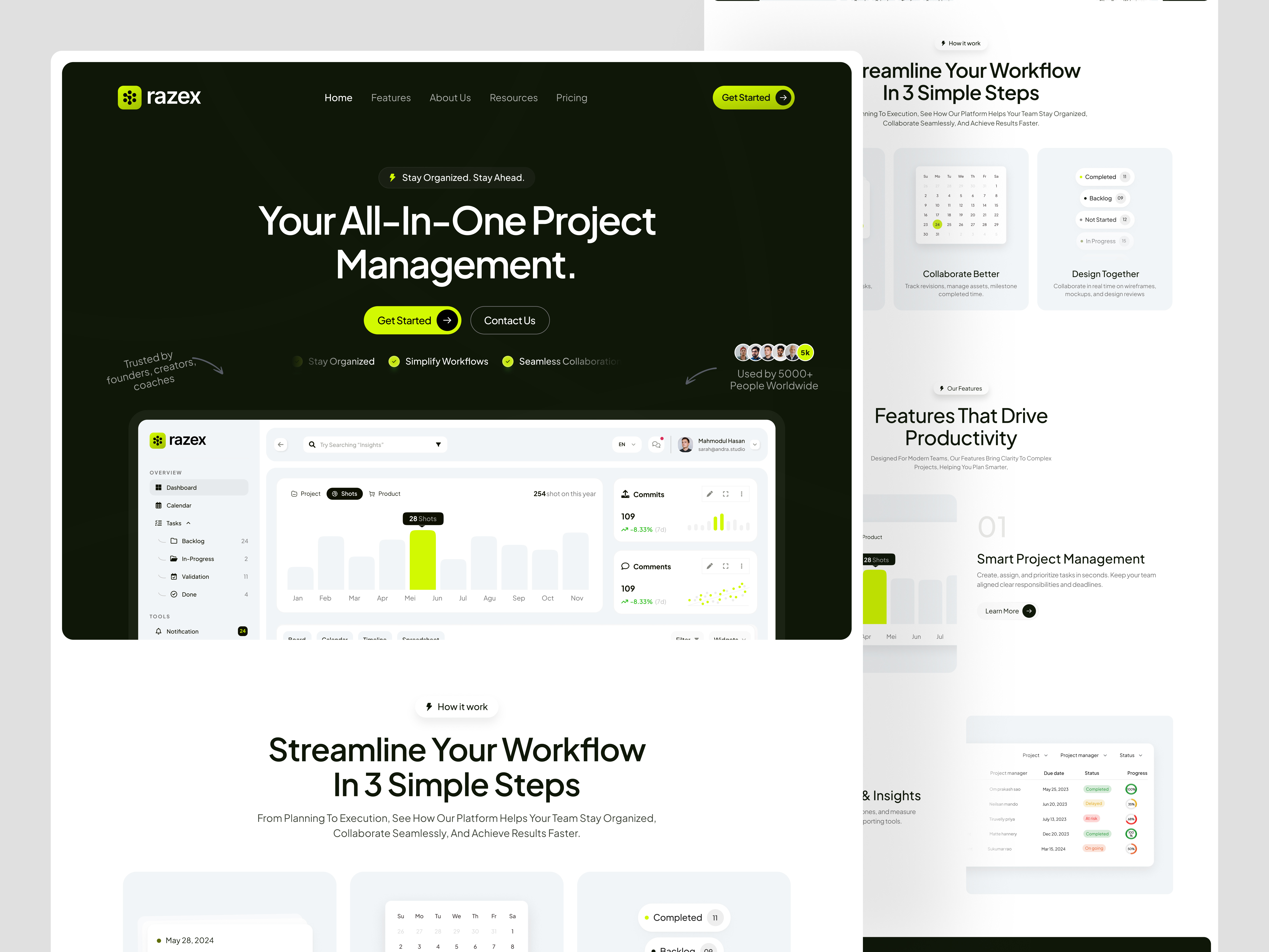 Razex All-in-one Project Management Platform branding clean design home page illustration landing page ui uiux web design website