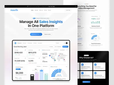Mavrin Sales Analytics CRM Platform UI/UX branding clean design home page illustration landing page uiux web design website