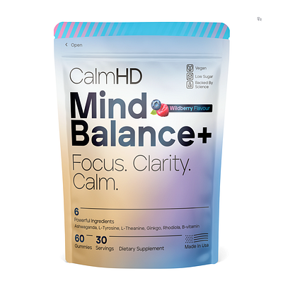 CalmHD MindBalance+ | Nootropic Gummies Packaging 3d mockup adaptogenic brain branding focus food graphic design gummies gummy illustration label logo mind neuro protector nootropic packaging pouch render supplement visualization