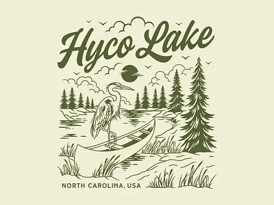 Hyco Lake Vintage Illustration Brand apparel badges bird branding clothing design graphic design hand drawn illustration kayak lake logo nature north carolina outdoor retro tree typography vector vintage