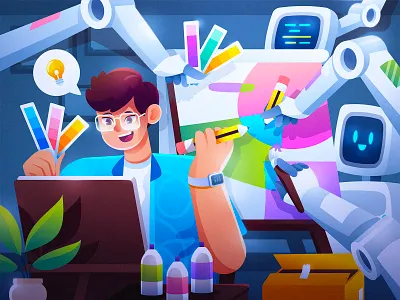 Ai vs Human: Collaboration or Enemy? ai artificial intelligent character creativity design designer flat illustration future futuristic generative graphic design illustrations midjourney robot vector illustration